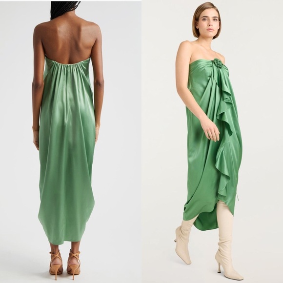 NWT CINQ A SEPT Pistachio Silk Satin Rosette Halter Neck Ruffle Cocoon Dress 10 - Picture 3 of 15